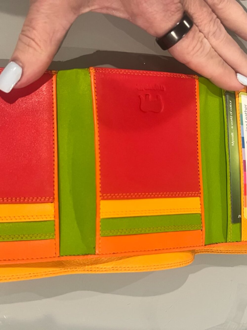 Mywalit NWT Medium Tri-Fold Wallet Jamaica Red Orange Green Italian Leather - Picture 3 of 6